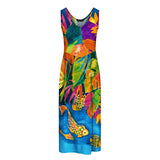 Colorful dress with tropical leaf and fish pattern on a white background