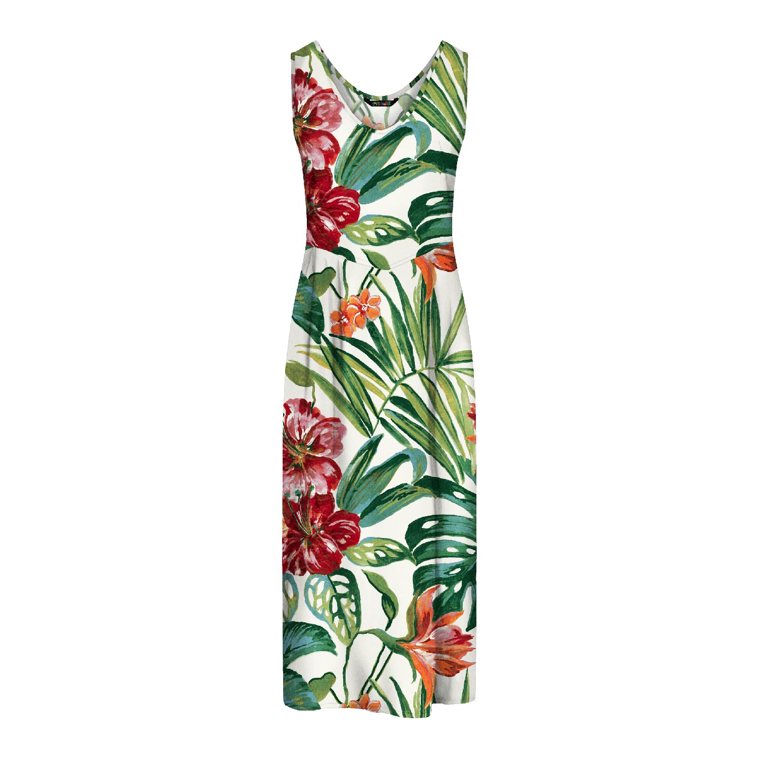 Dress with tropical floral pattern on a white background