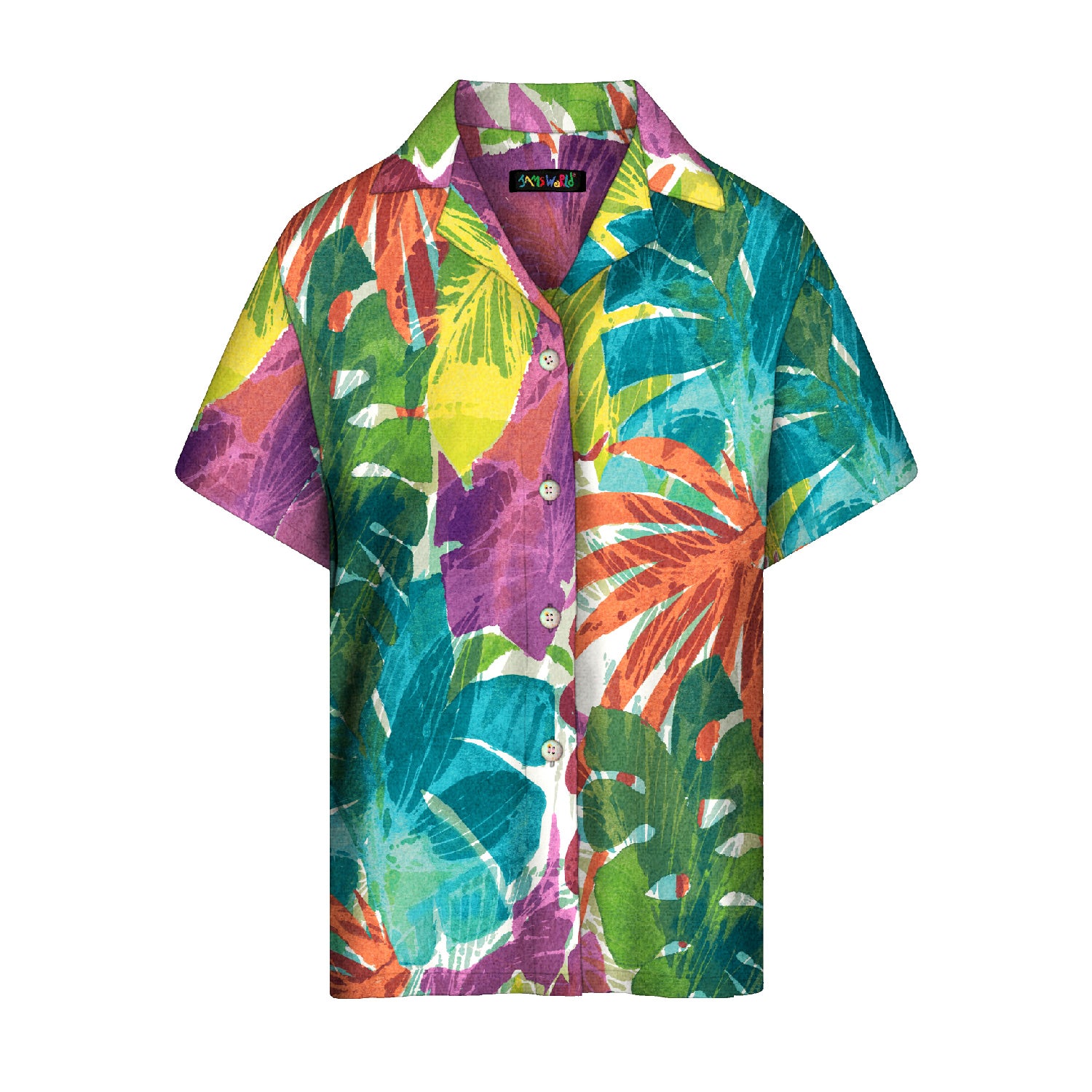 Colorful tropical patterned shirt on a white background