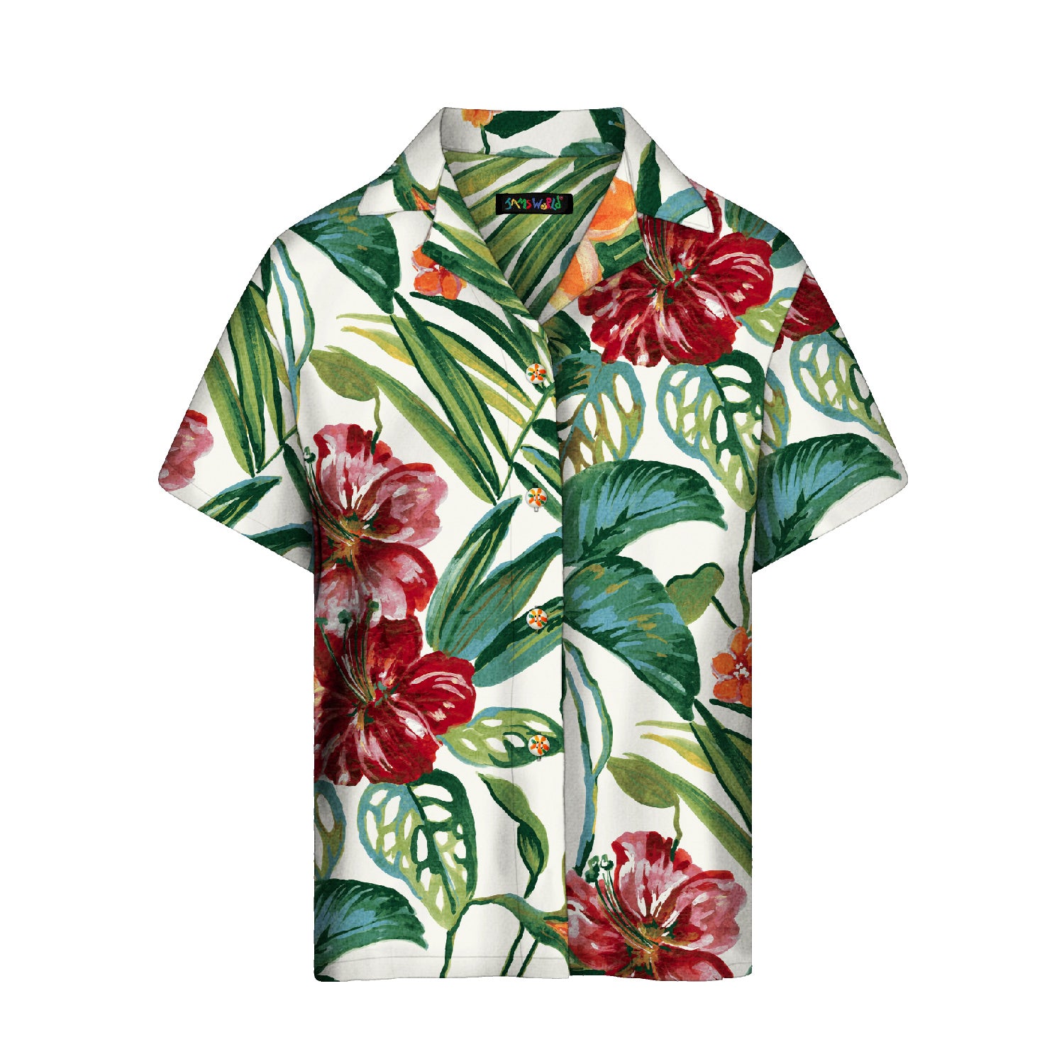 Camisa hawaiana con diseño floral tropical sobre fondo blanco.
