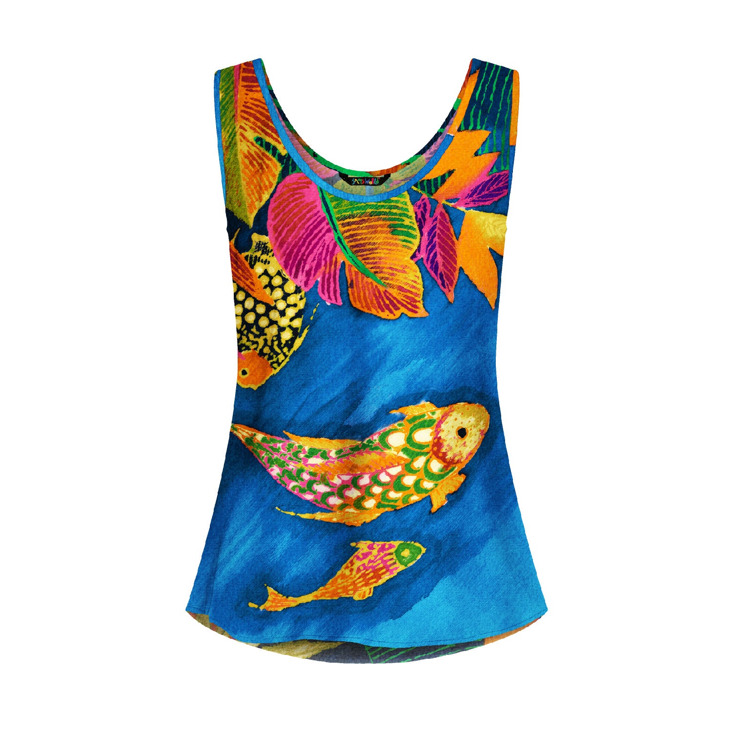 Colorful tank top with fish and leaf design on a white background