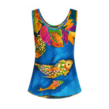 Colorful tank top with fish and leaf design on a white background