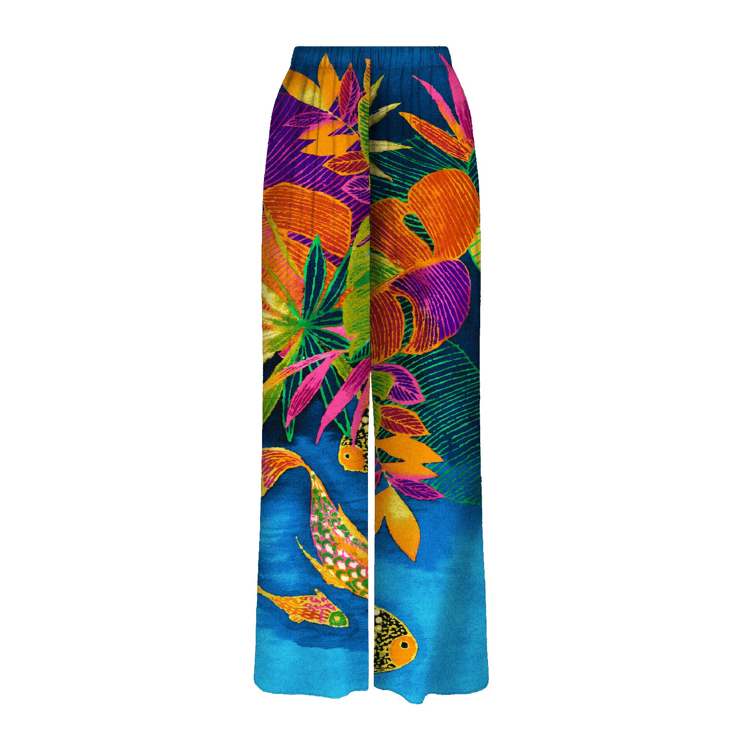 Colorful tropical-themed pants with fish design on a white background