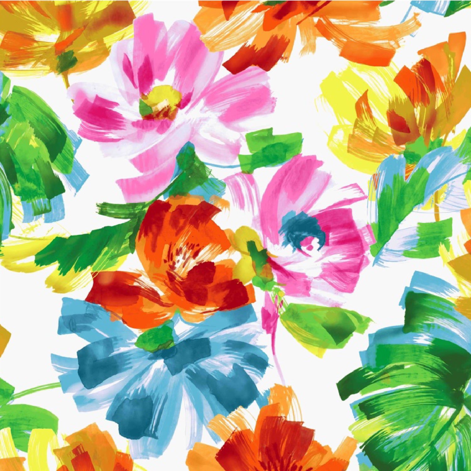 Motif floral coloré avec des fleurs roses, oranges, vertes et bleues sur fond blanc