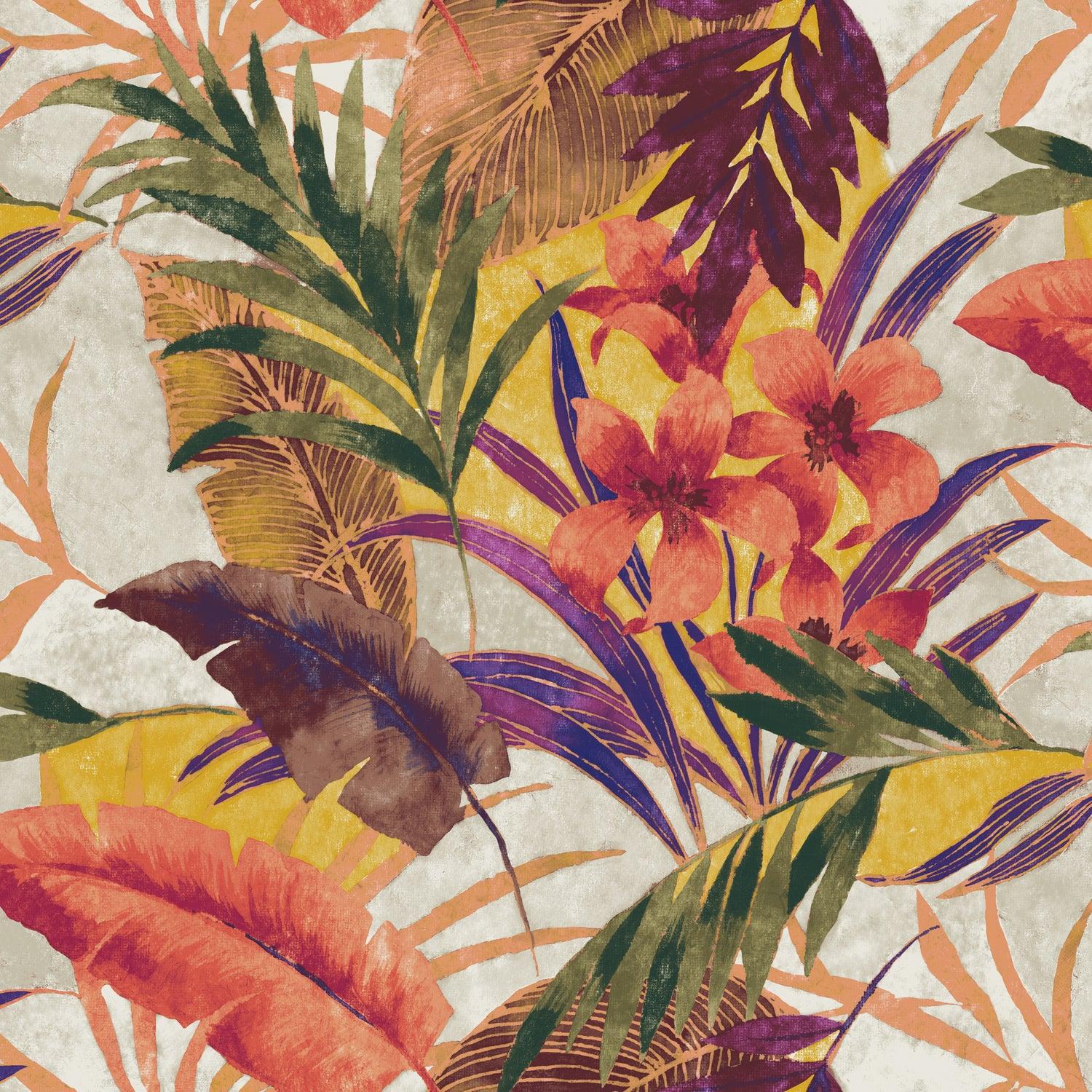 Tropical floral pattern with leaves and flowers on a textured background