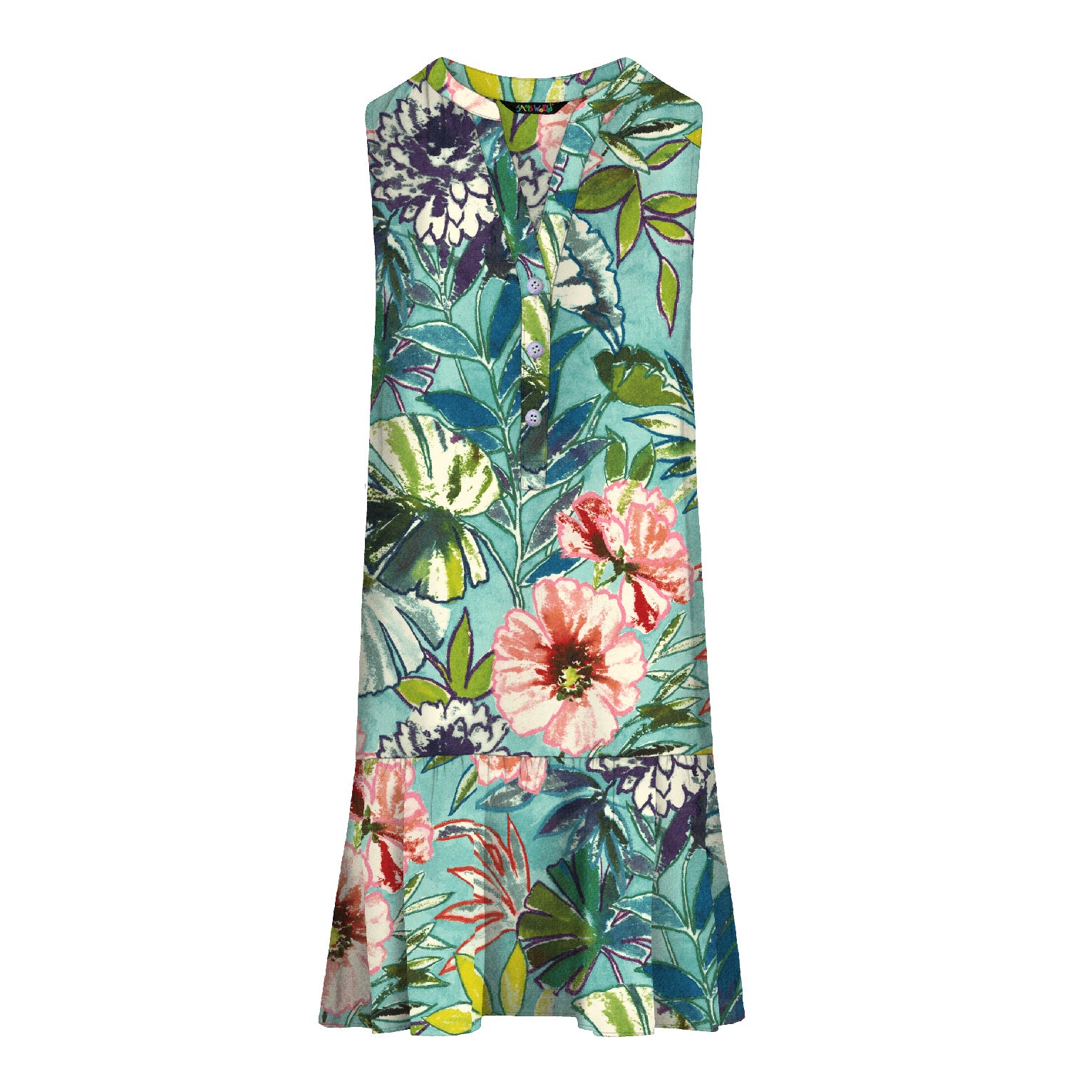 Floral dress with a tropical pattern on a white background