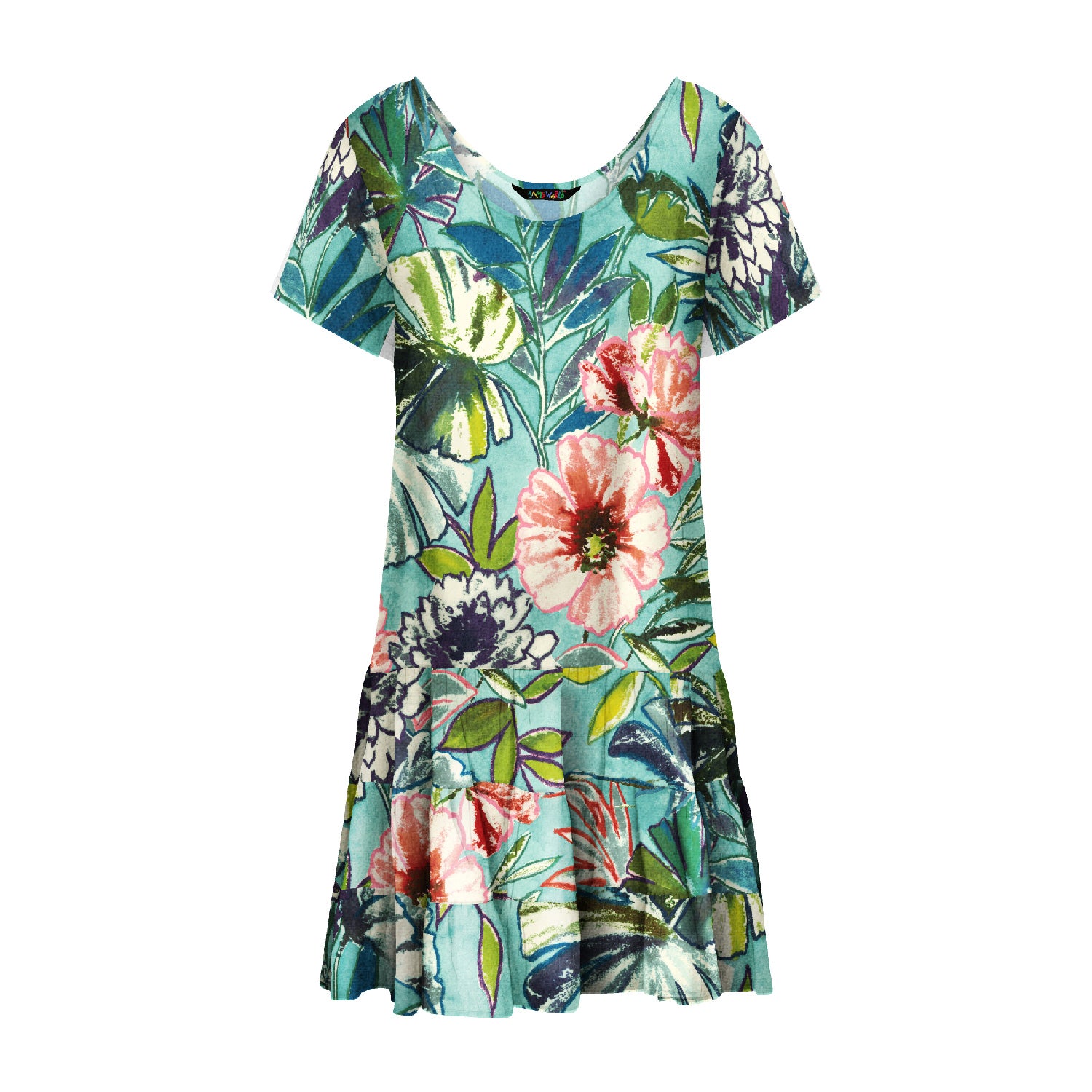 Floral dress with a colorful pattern on a white background