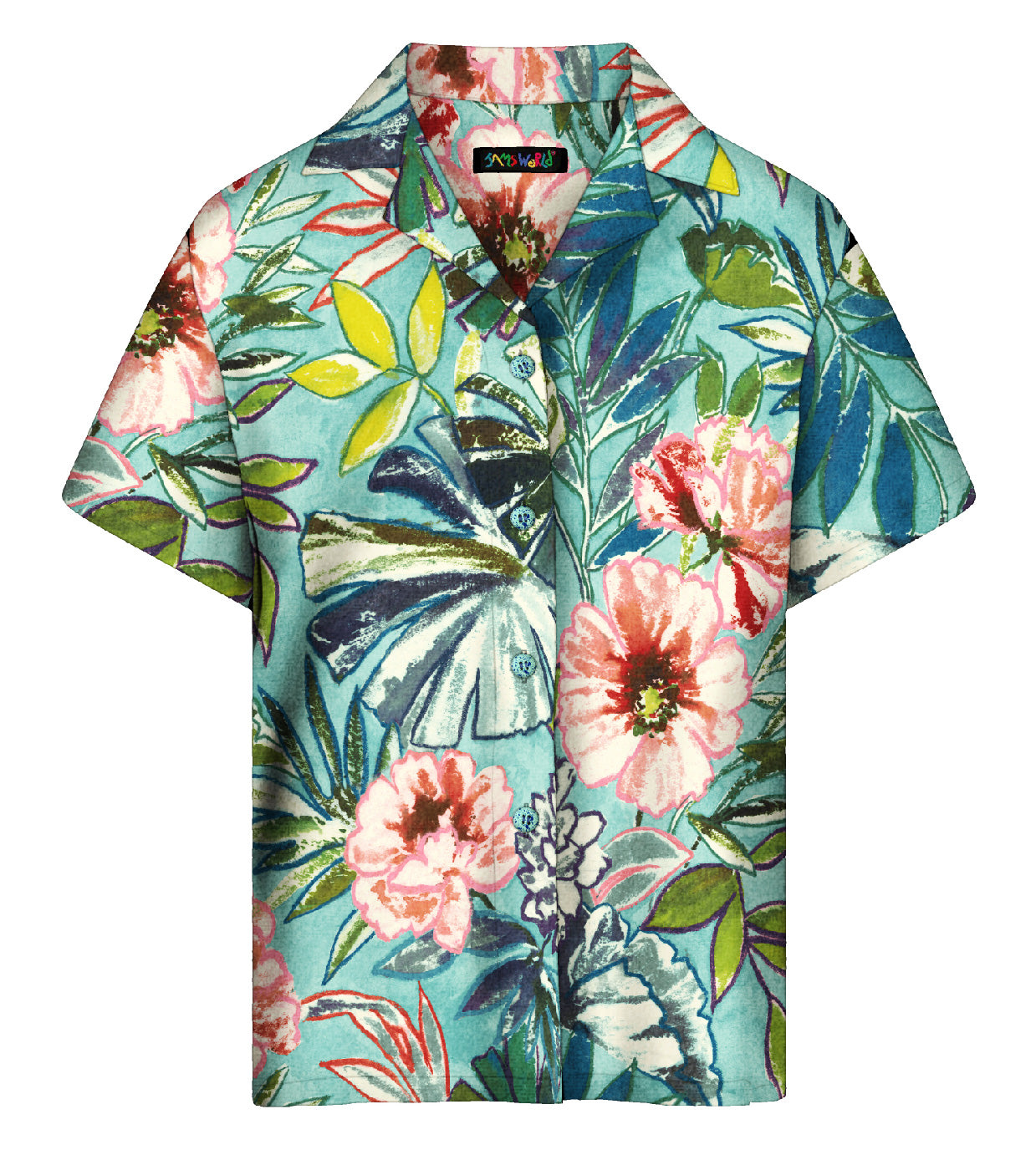 Colorful floral and leaf patterned shirt on a white background