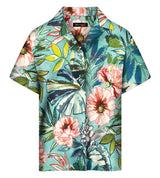 Colorful floral and leaf patterned shirt on a white background