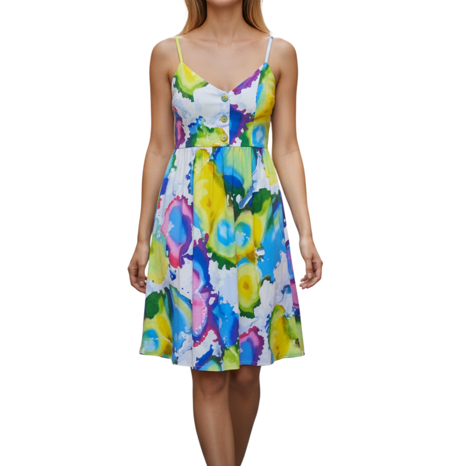 Woman wearing a colorful floral dress on a white background