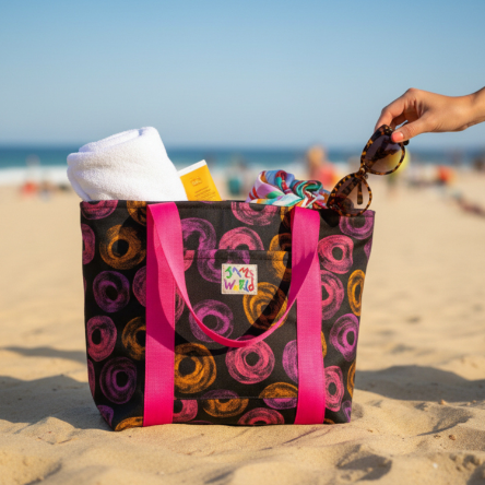Beach bag with pink handles filled with beach items on a sandy beach.