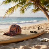 Surfboard with cap and sunglasses on a sandy beach with palm trees and ocean in the background