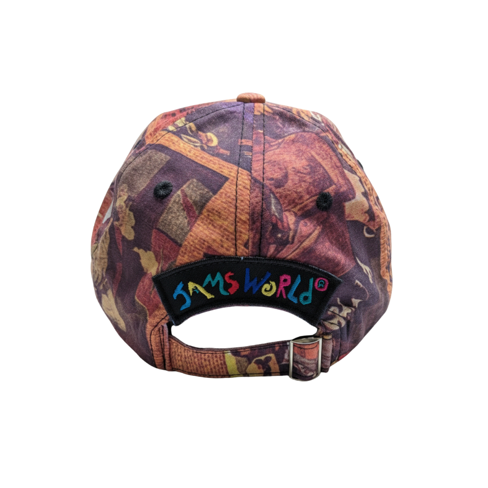 Colorful patterned cap with 'JAM'S WORLD' logo on a white background