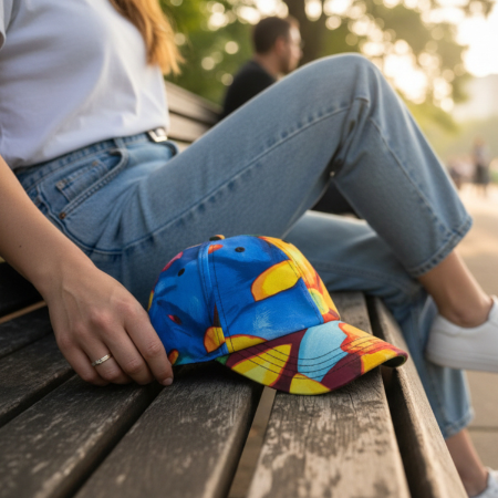 Colorful cap on a wooden bench with a person sitting nearby