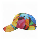 Colorful cap with a bird design on a white background