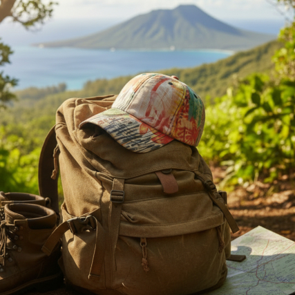 Brown backpack with a colorful cap on top, set against a scenic backdrop of mountains and water.