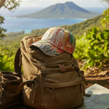 Brown backpack with a colorful cap on top, set against a scenic backdrop of mountains and water.