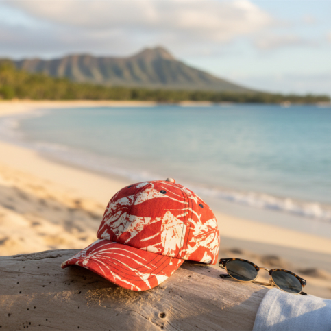 Red cap and sunglasses on a rock with a beach and mountain in the background
