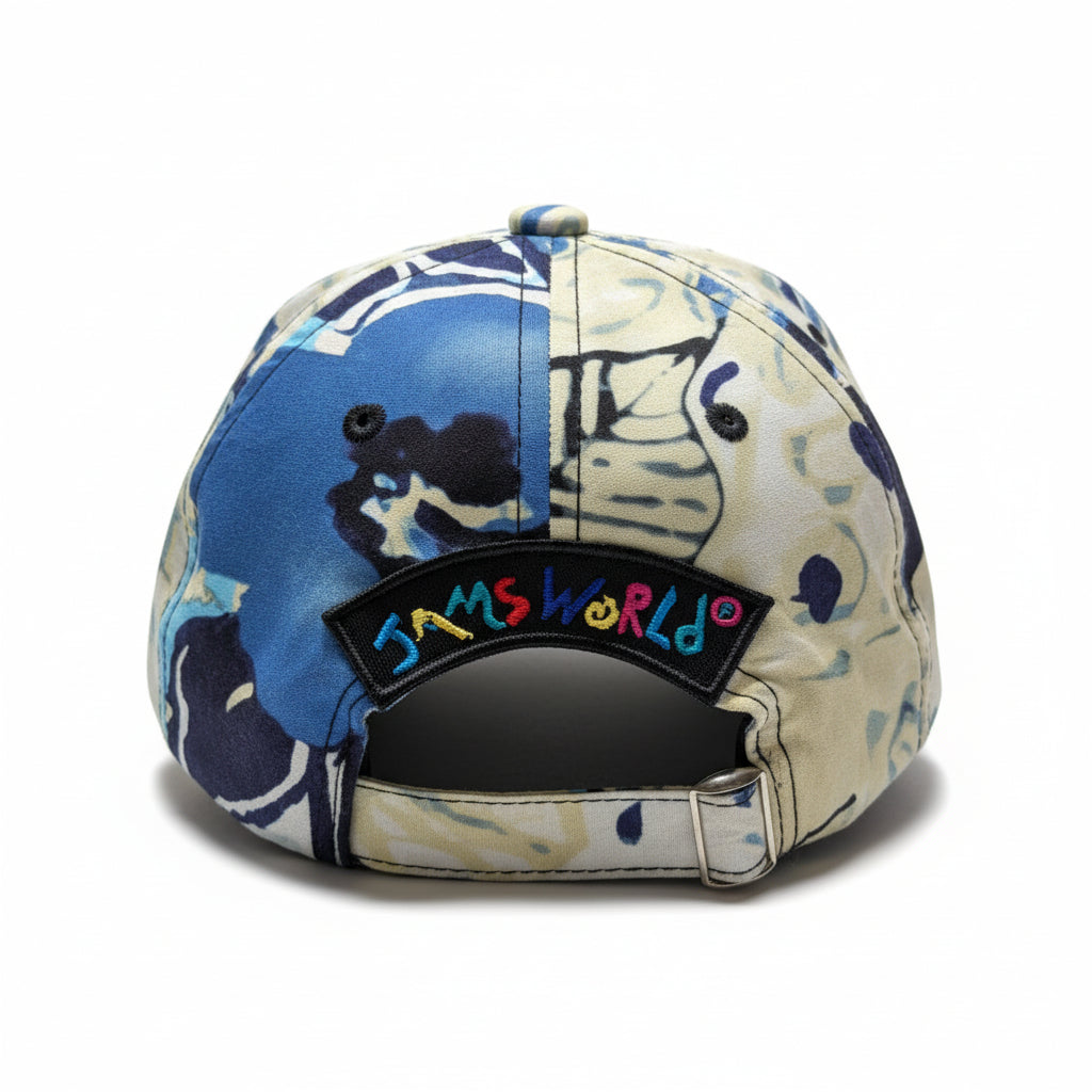 Colorful cap with a 'Jaws World' logo on a white background