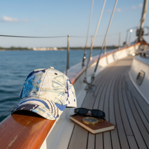 Cap and sunglasses on a sailboat with water and sky in the background
