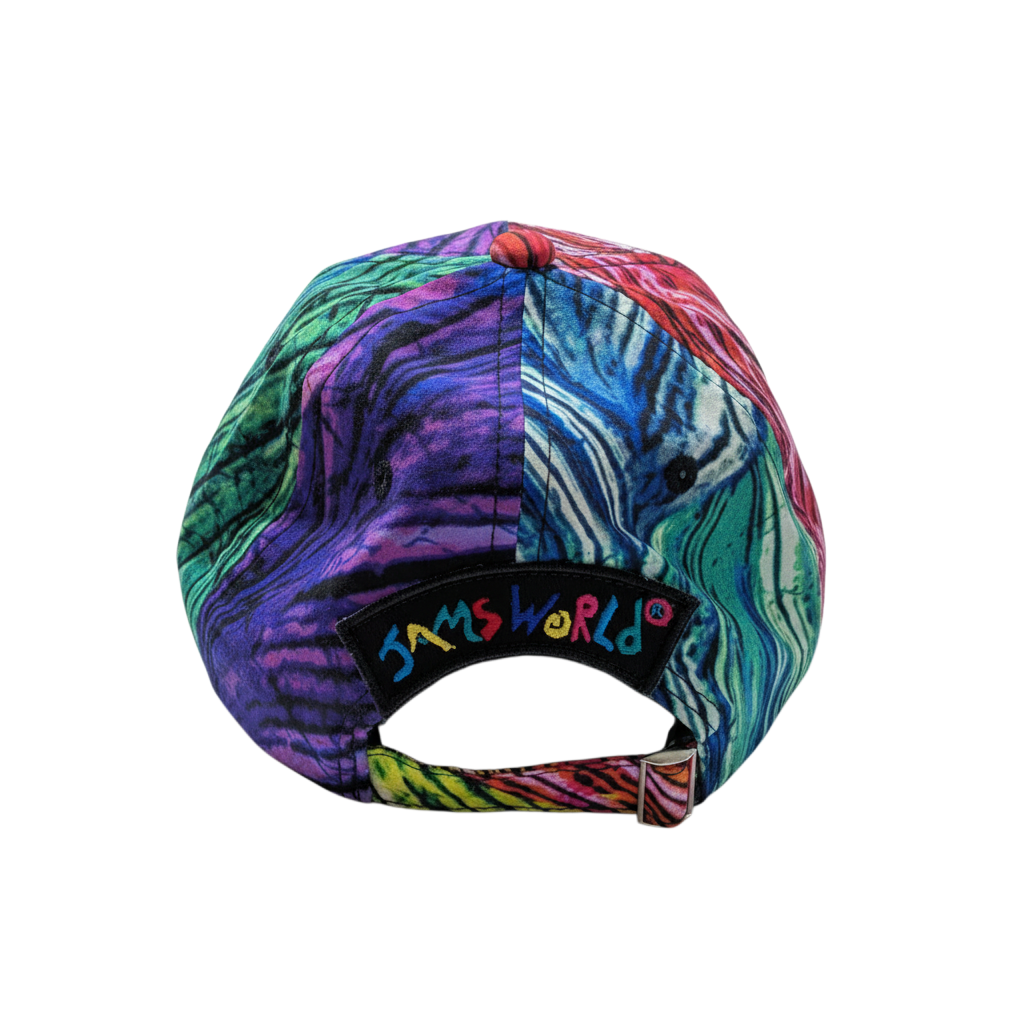 Colorful tie-dye cap with 'SamsWorld' logo on a white background