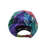Colorful tie-dye cap with 'SamsWorld' logo on a white background