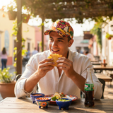 Man eating a taco outdoors with a colorful hat and a bottle of soda.