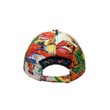 Colorful cap with cartoon characters and 'SimsWorld' branding on a white background