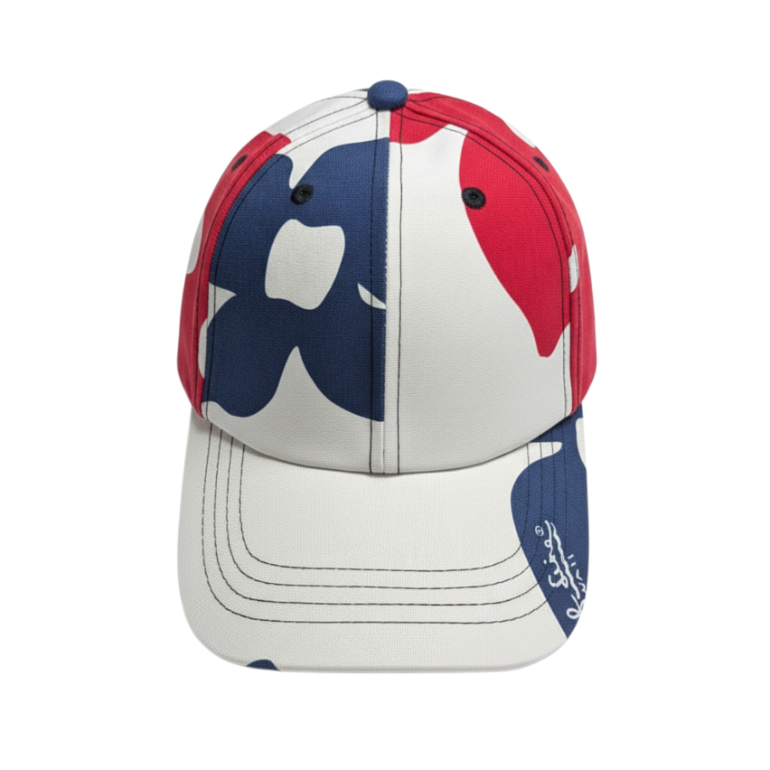 Baseball cap with red, white, and blue design on a white background