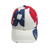 Baseball cap with red, white, and blue design on a white background