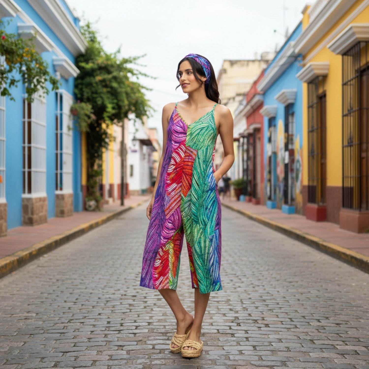 Woman in a colorful dress standing on a colorful street.