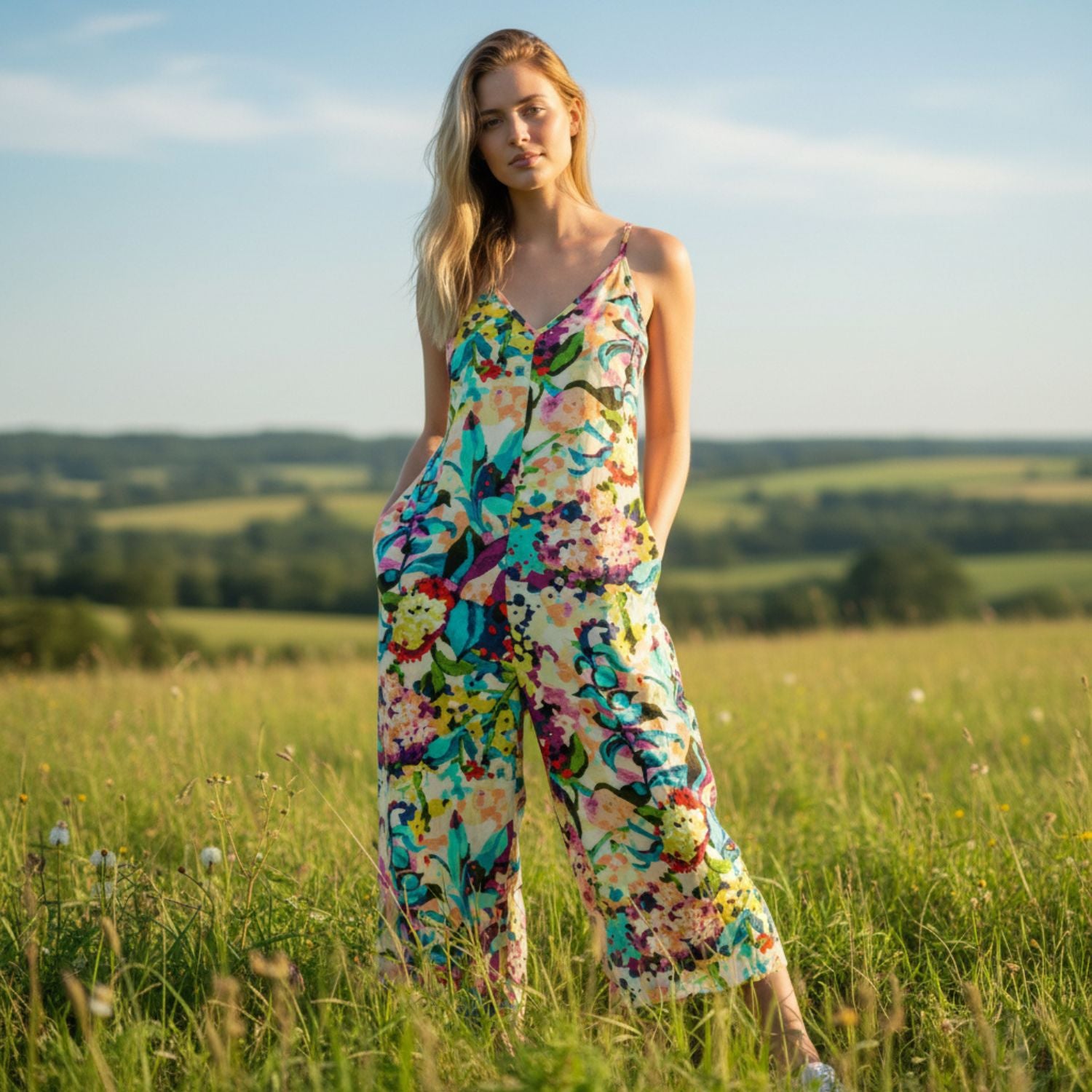 Woman in a colorful floral jumpsuit standing in a field with a scenic background