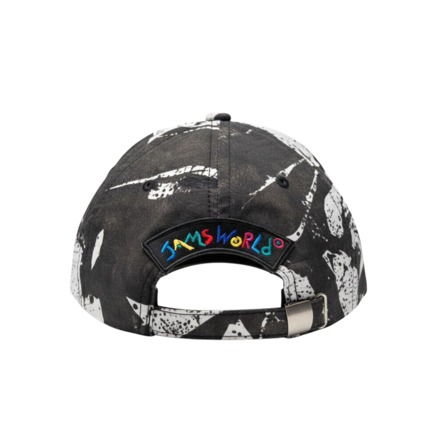Black and white patterned cap with colorful 'JAMSWORLD' logo on a white background