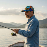 Man fishing on a boat with mountains and sky in the background