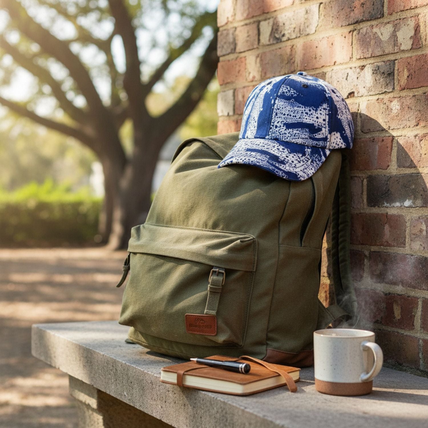 Green backpack with a blue and white cap, notebook, pen, and mug on a stone ledge against a brick wall.