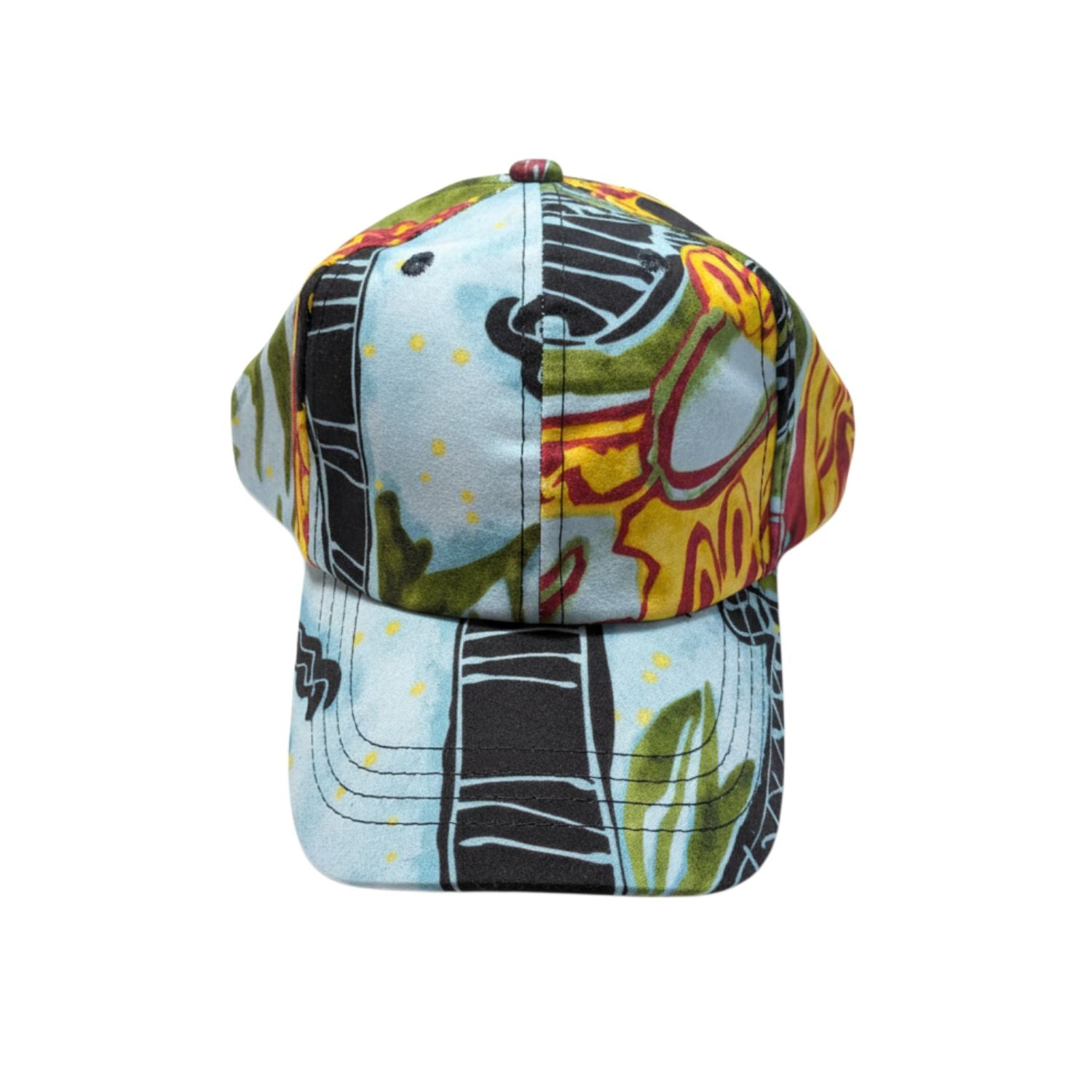 Colorful baseball cap with abstract patterns on a white background