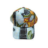 Colorful baseball cap with abstract patterns on a white background