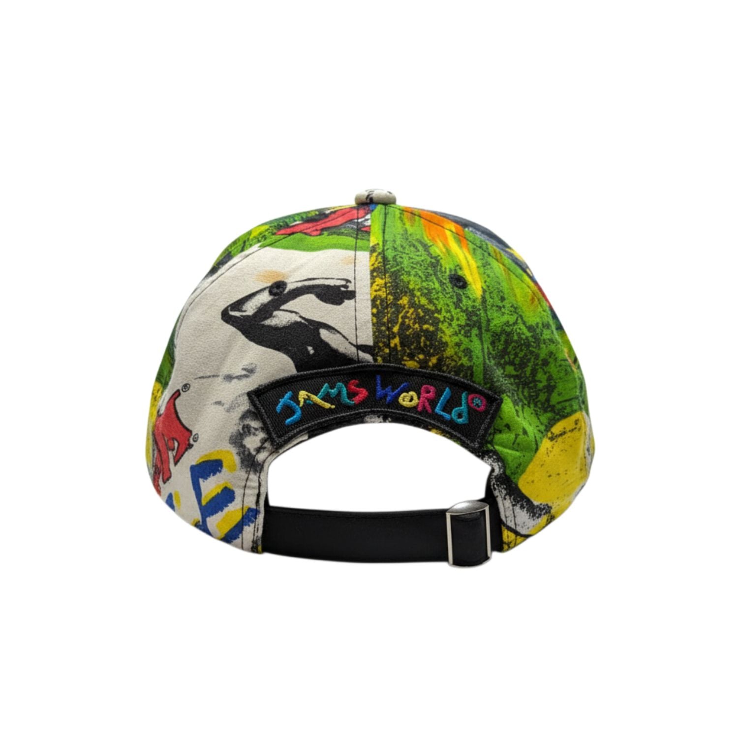 Colorful cap with a graphic design and 'Jaws World' branding on a white background