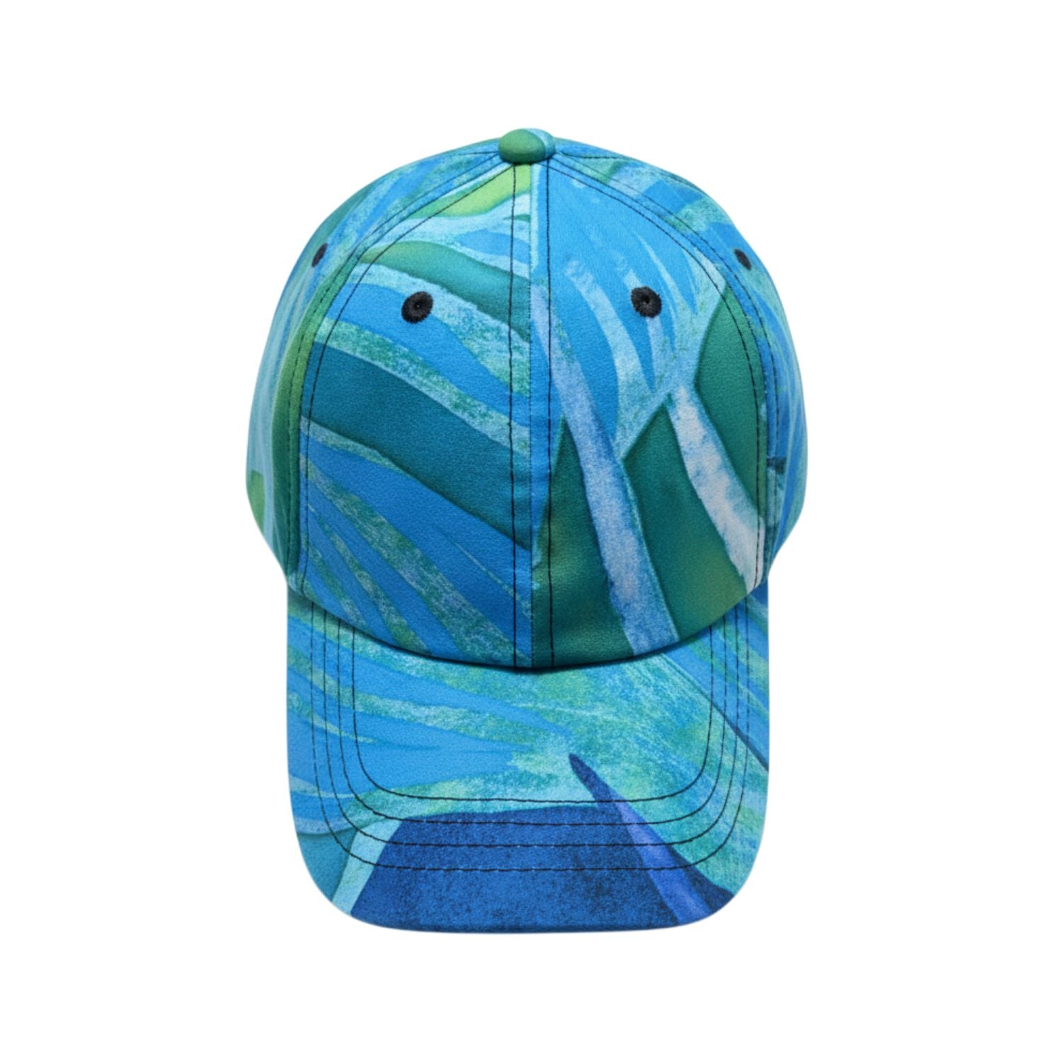Blue and green patterned baseball cap on a white background