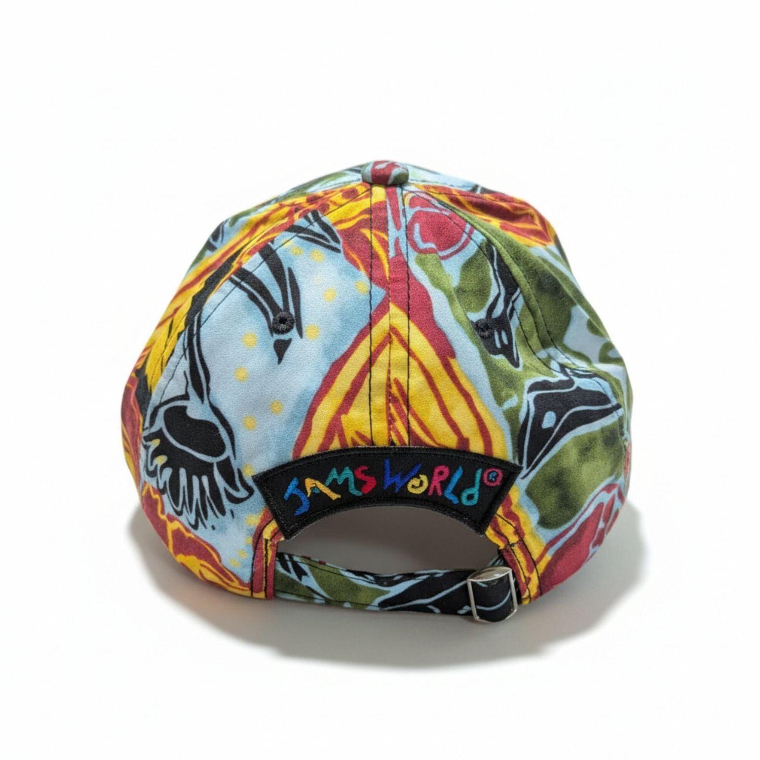 Colorful cap with abstract designs on a white background