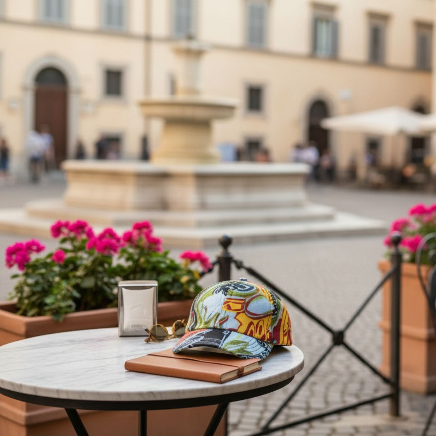 Colorful cap on a table with a fountain and people in the background