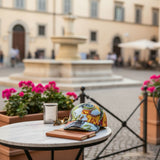 Colorful cap on a table with a fountain and people in the background