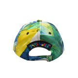 Colorful cap with a parrot design and 'JawsWorld' logo on a white background