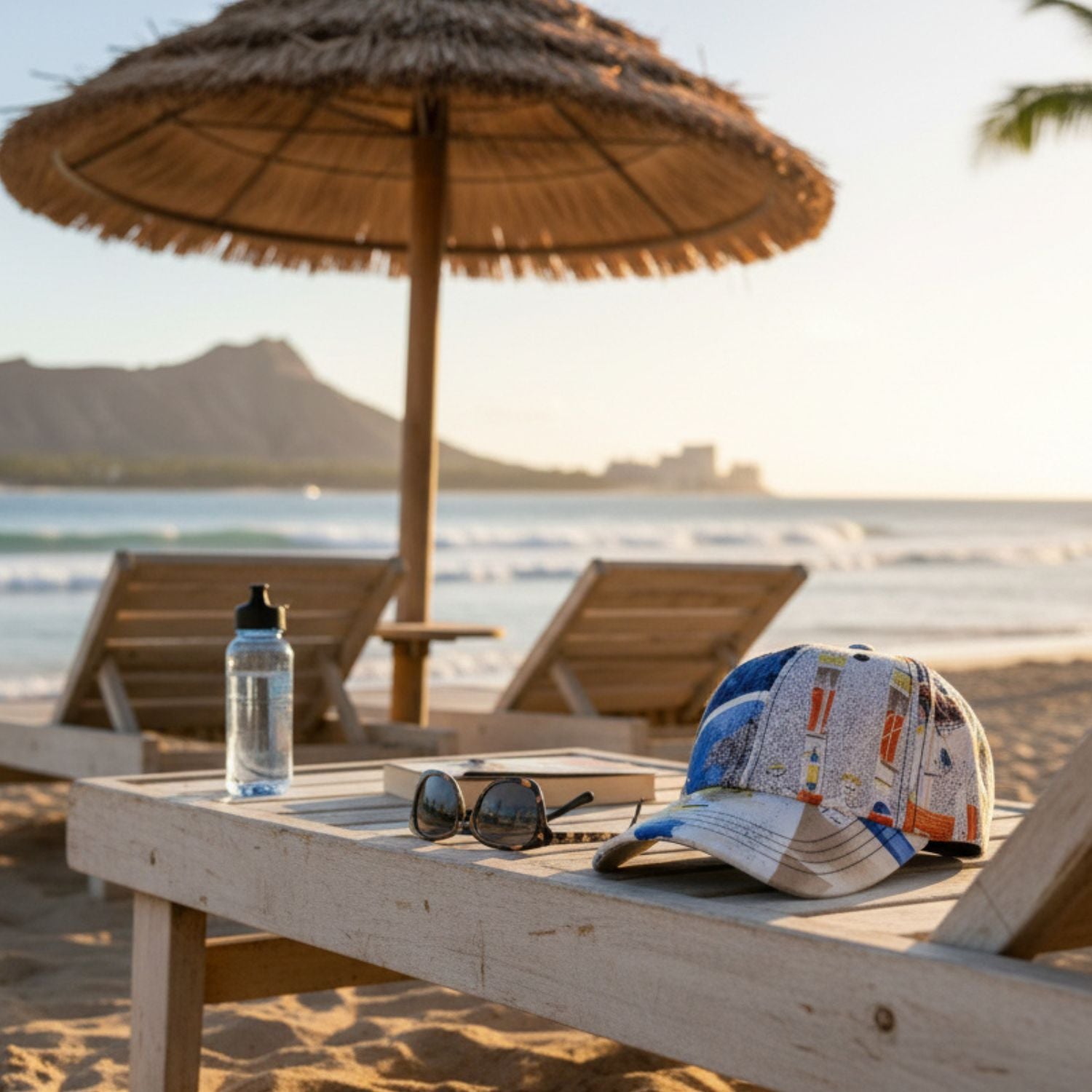 Beach scene with lounge chairs, umbrella, water bottle, sunglasses, and cap on a wooden table.
