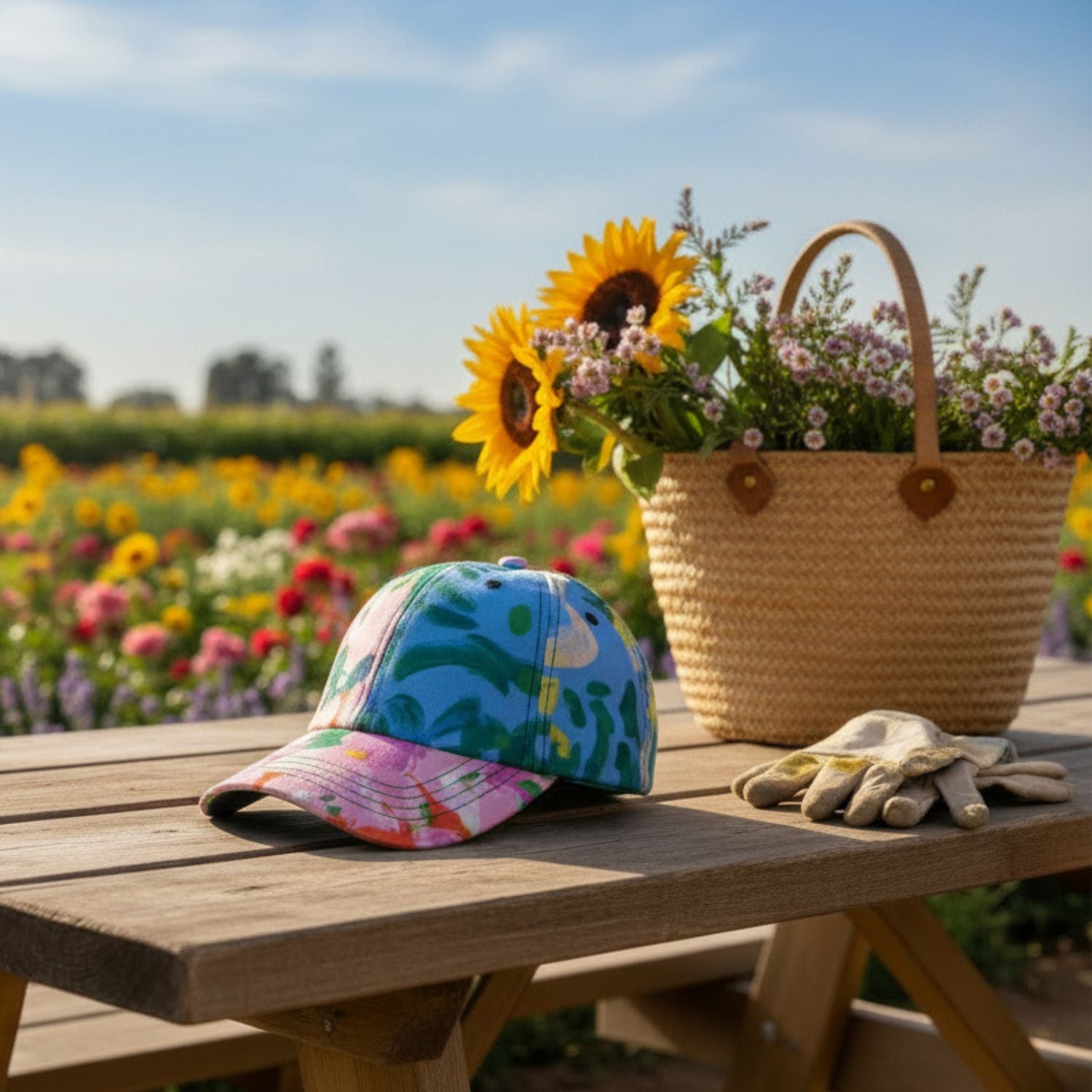 Colorful cap, sunflowers, and a straw bag on a wooden table with a garden background