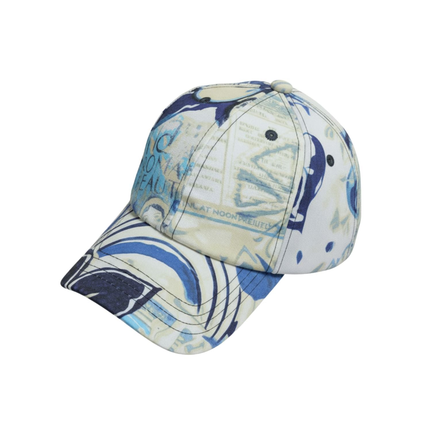 Baseball cap with blue and beige abstract pattern on a white background