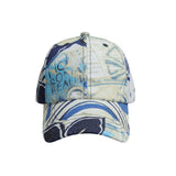 Baseball cap with blue and beige pattern on a white background
