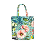 Tote bag with floral and leaf pattern on a white background