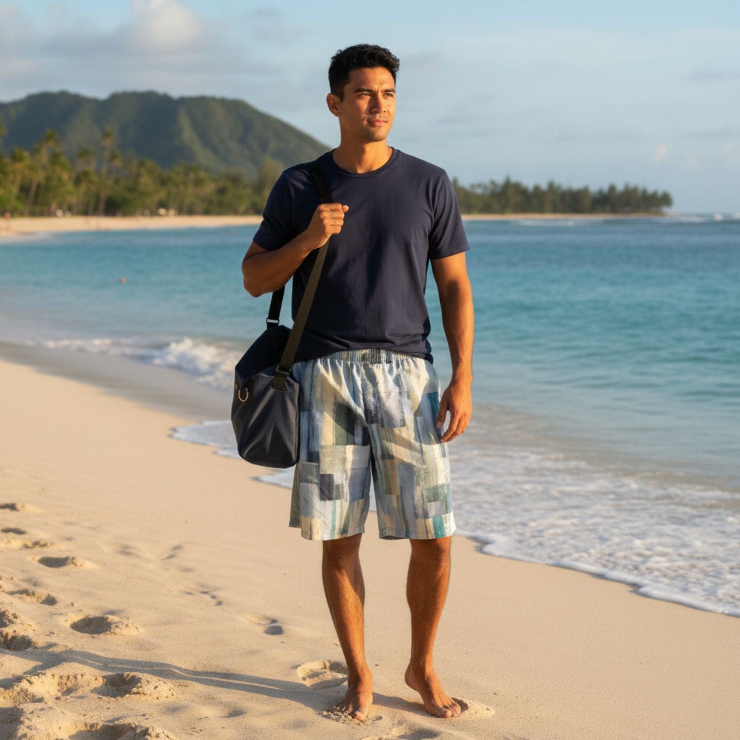Hombre de pie en una playa sosteniendo una bolsa, con el océano y las montañas al fondo