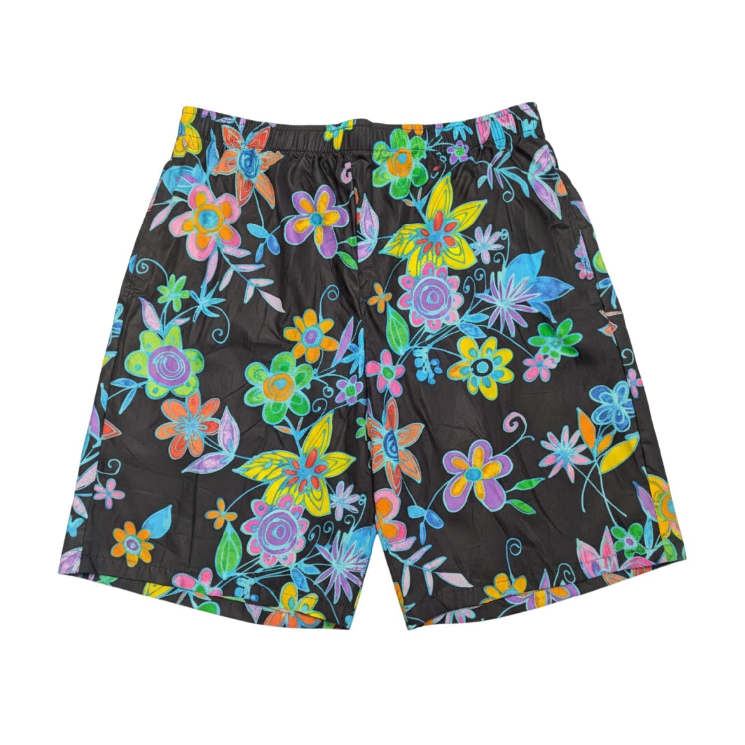 Colorful floral-patterned shorts on a black background